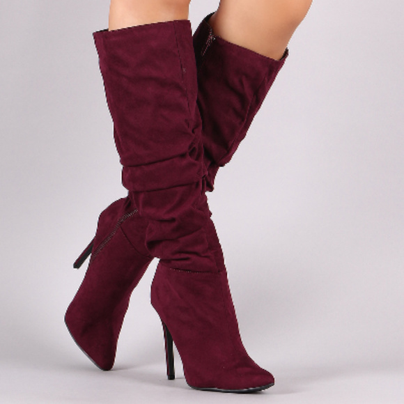 Womens Wine Pointy Toe Slouchy Knee High Boots - Picture 1 of 3